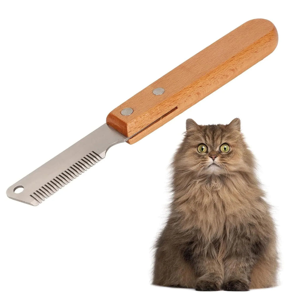 Pet stripping comb grooming tool with a wood handle and metal blade for dogs and cats.