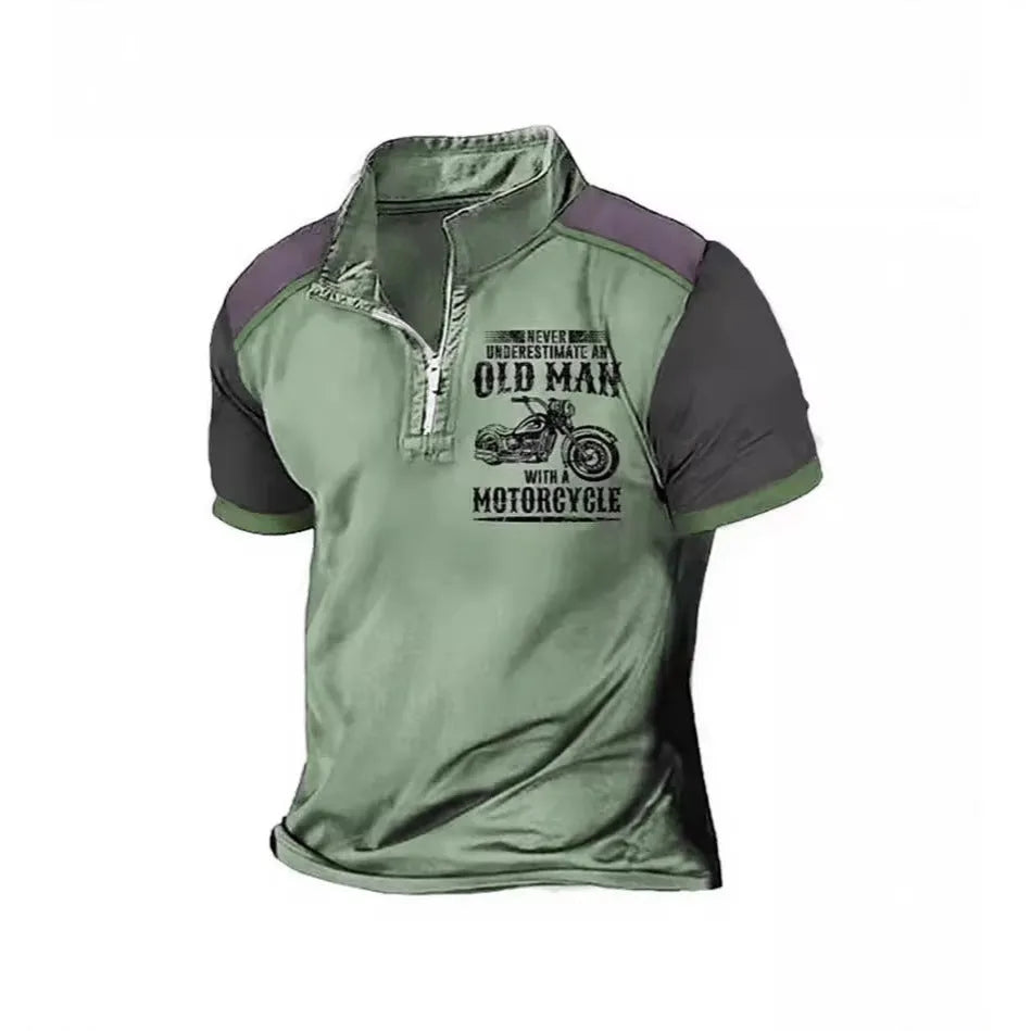 Men's casual short-sleeve polo shirt with lapel collar and digital letter print design.