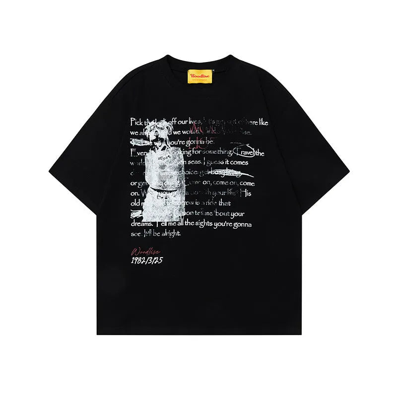 Men's black pure cotton loose fit t-shirt with white printed letter pattern and short raglan sleeves