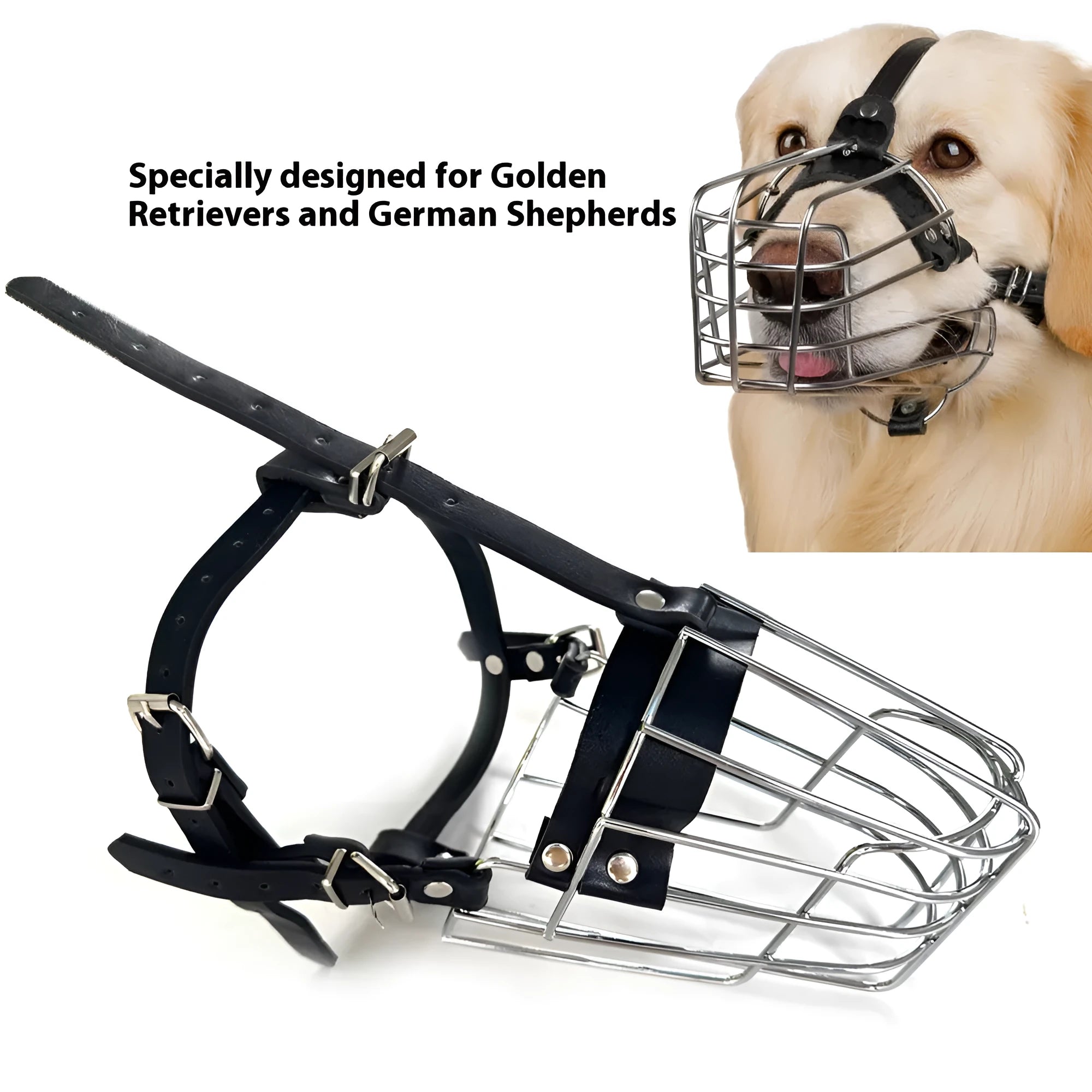 Black metal dog muzzle designed specifically for golden retriever and German shepherd breeds