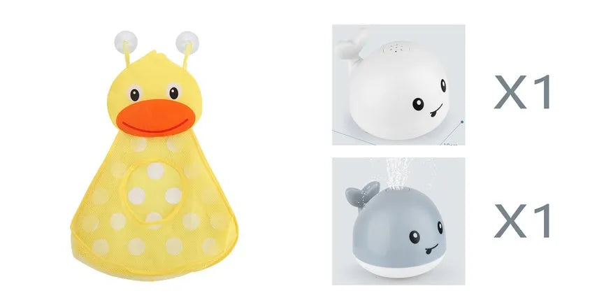 Automatic electric whale bath toy spraying water with LED lights on, floating in a baby bath.