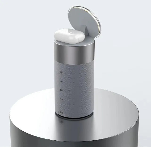 Gray or beige magnetic wireless charger with earphone and cellphone audio function, button or touch control, small portable design