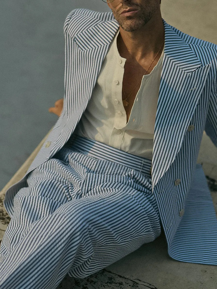 Blue and white striped polyester suit set with blazer and regular fit trousers