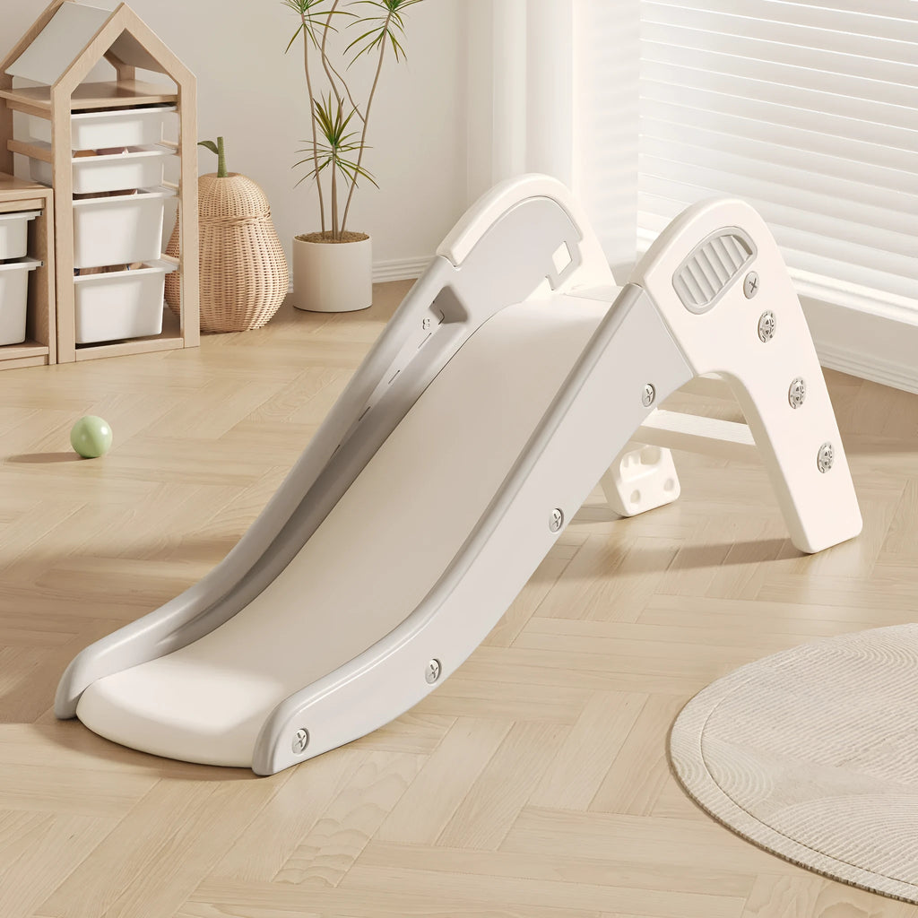 Small plastic baby slide for toddlers under three, in blue, yellow, brown, or grey.