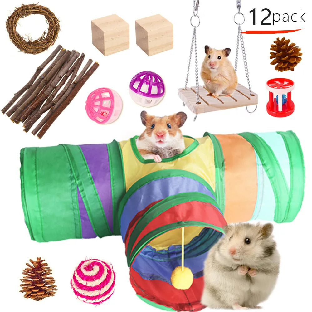 Assortment of natural wooden chew toys for small pets like rabbits and parrots on a white background.