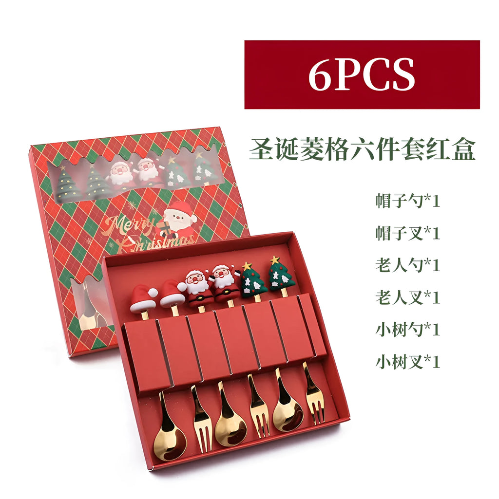 Stainless steel Christmas spoon and fork set with red handles and mirror-polished finish featuring Christmas tree and snowman patterns