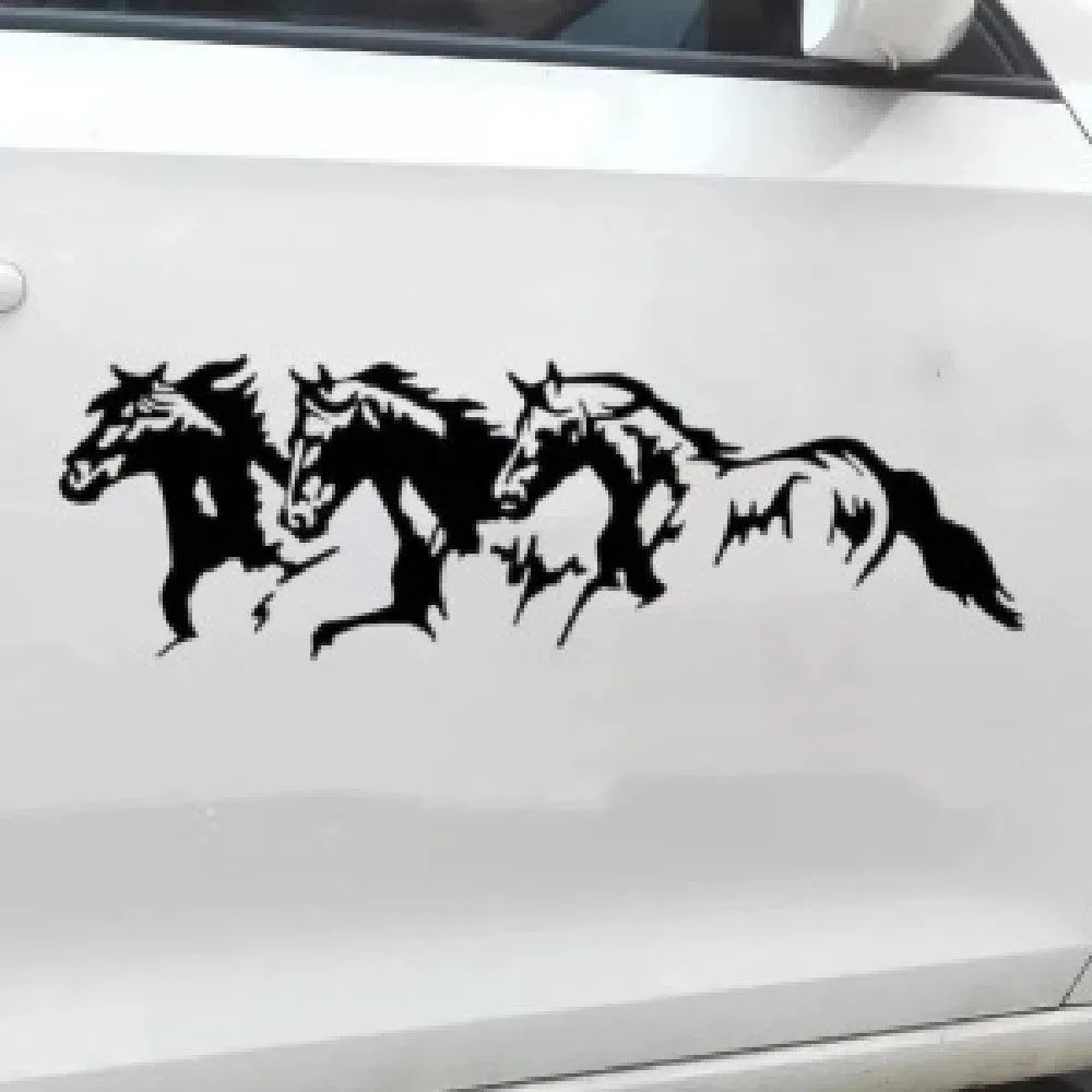 Three Horses steed design car decal sticker in black, measuring 25cm by 8cm