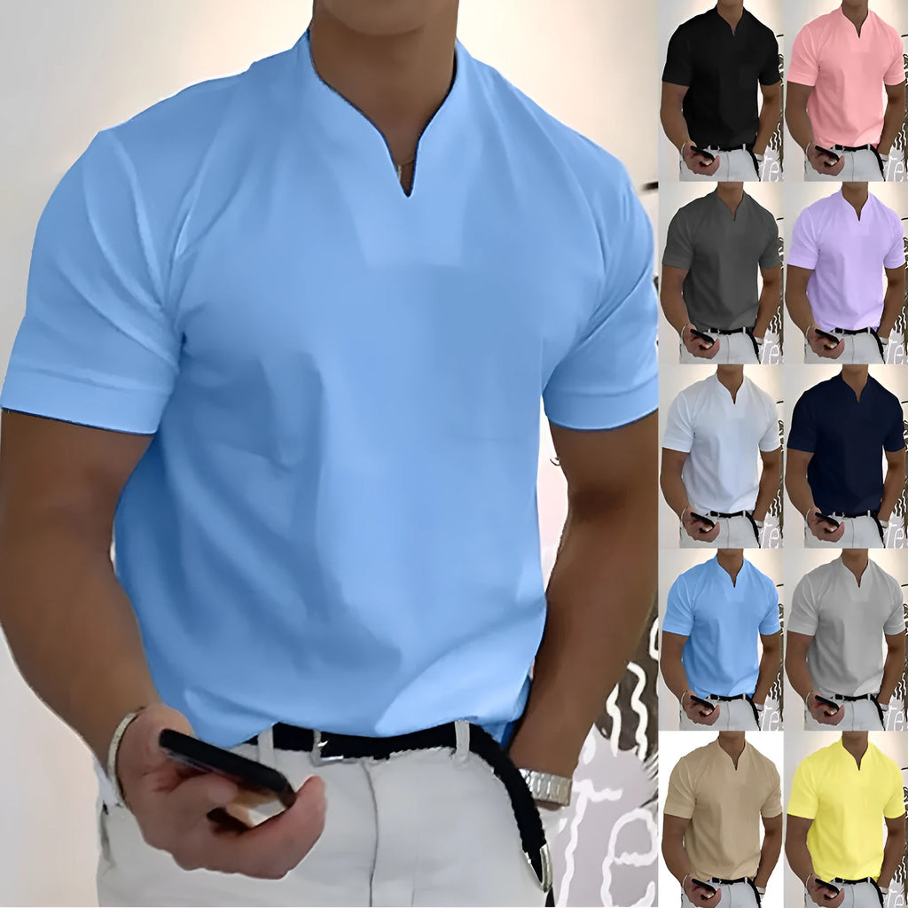 Summer short sleeve shirt for men in plus size with pocket, loose fit stand collar, plain pattern, acetate fibre blend