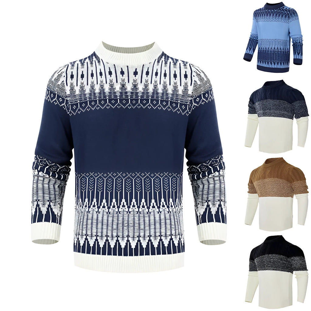 Men's grey knitted pullover sweater with ribbed cuffs and hem on a hanger