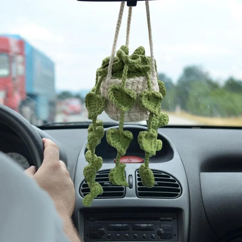 Knitted wool car plant decoration with green and white pattern, 8cm basin and hanging cord
