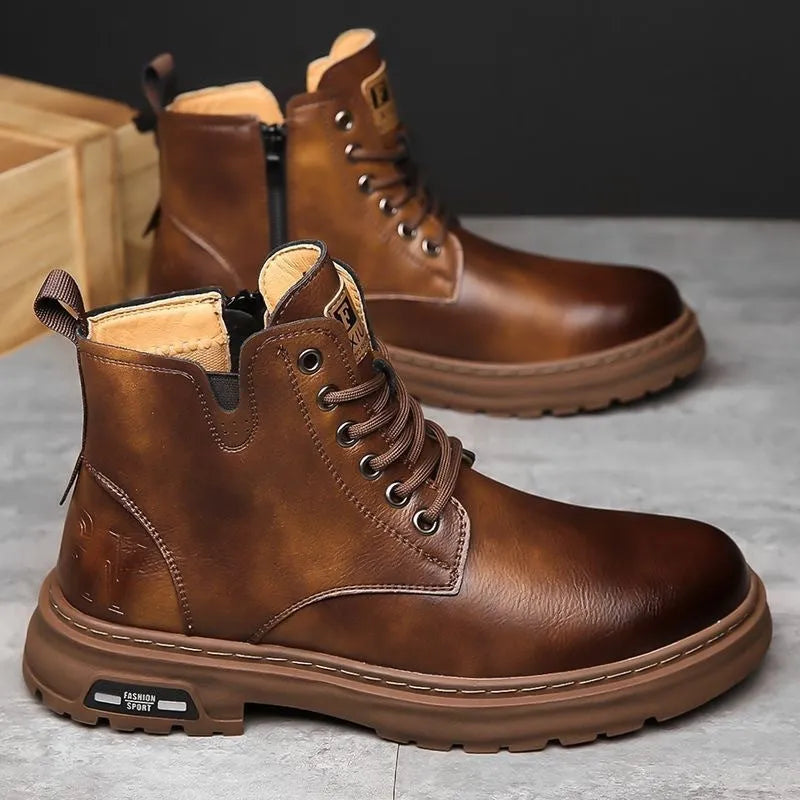 Men's black Martin boots with thick rubber soles and lace-up front, showing round toe and mid-calf design