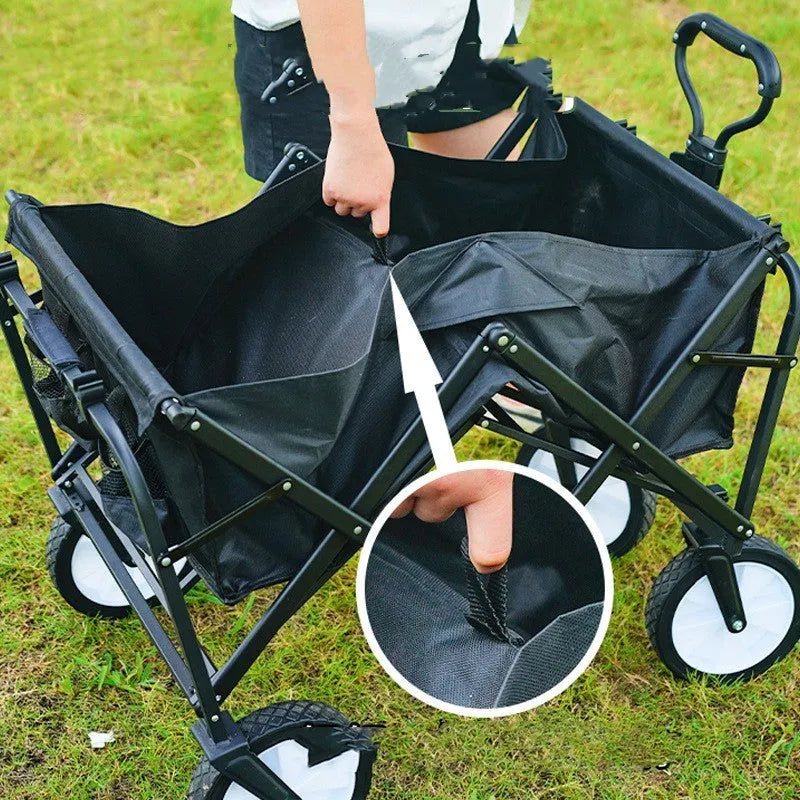 Portable folding cart outdoor picnic camping gathering trolley in khaki with table plate and metal frame