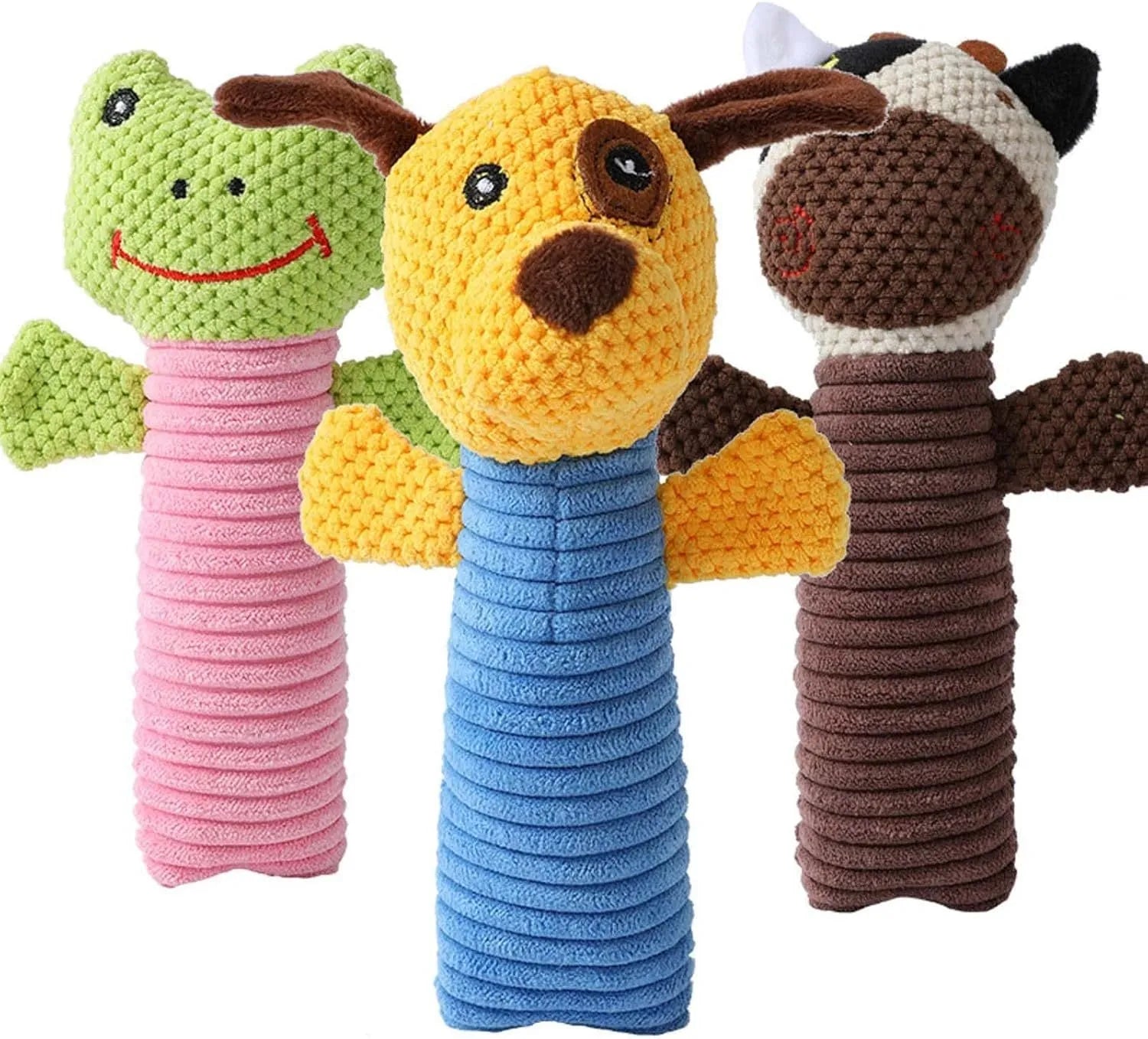 Squeaky plush dog chew toy in animal shapes for dental cleaning, size 19cm by 5cm