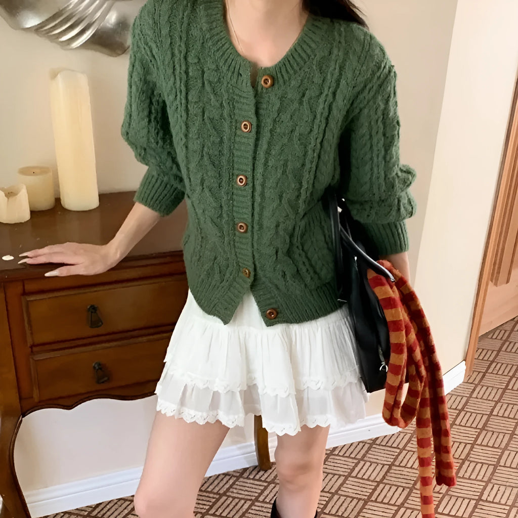 Womens knitted cardigan sweater with thick twisted texture in solid beige, short 40cm length
