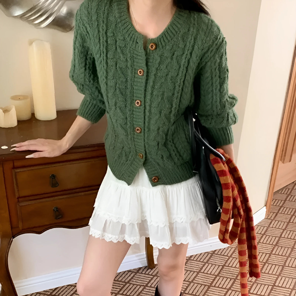 Womens knitted cardigan sweater with thick twisted texture in solid beige, short 40cm length