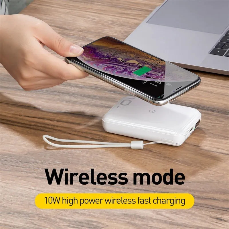 Square black wireless fast charge power bank with LED display showing battery percentage