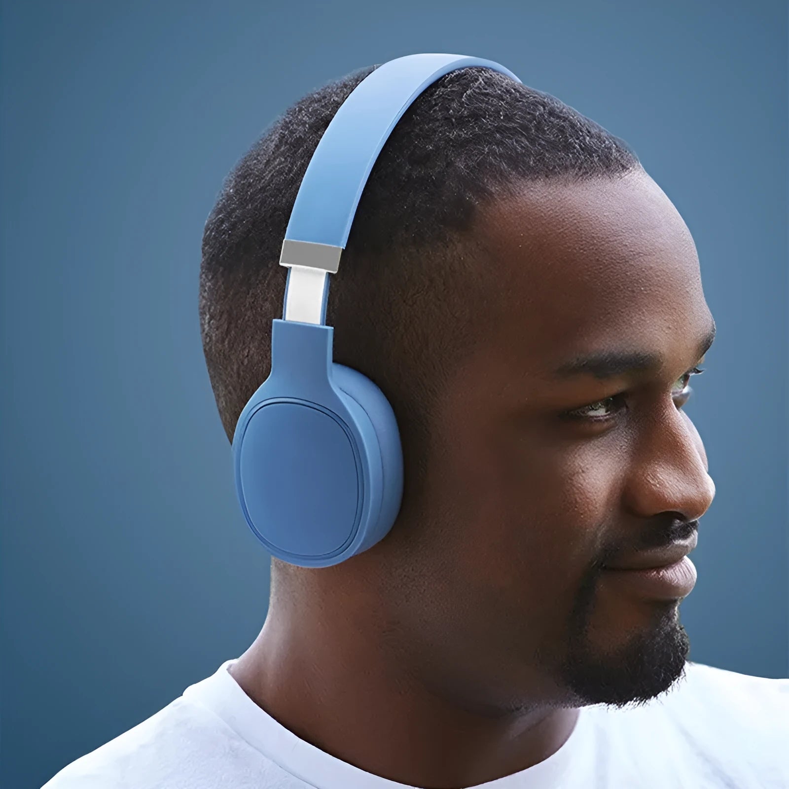 True wireless Bluetooth headset in black with wired connection between earpieces