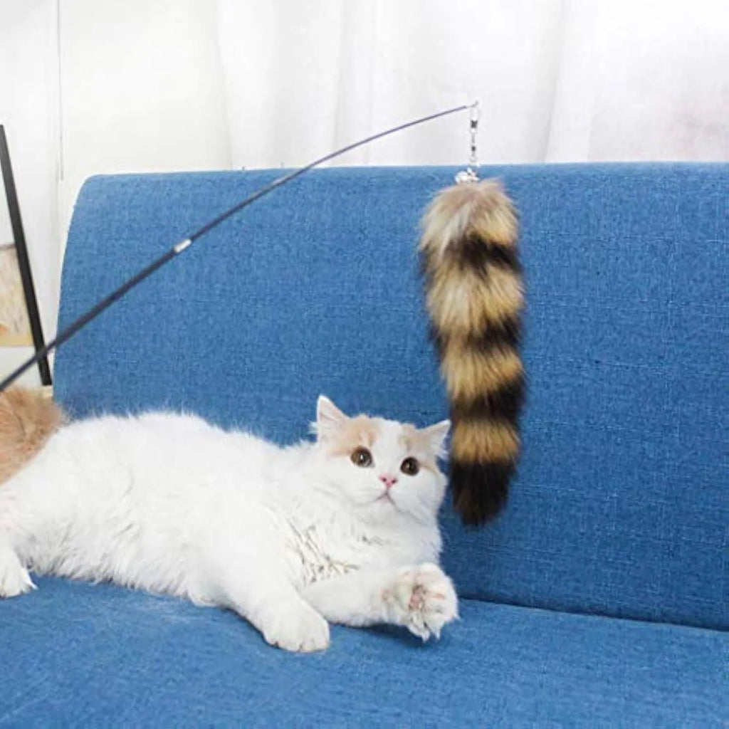 Black cat toy wand teaser with elastic string measuring 42cm for interactive feline play