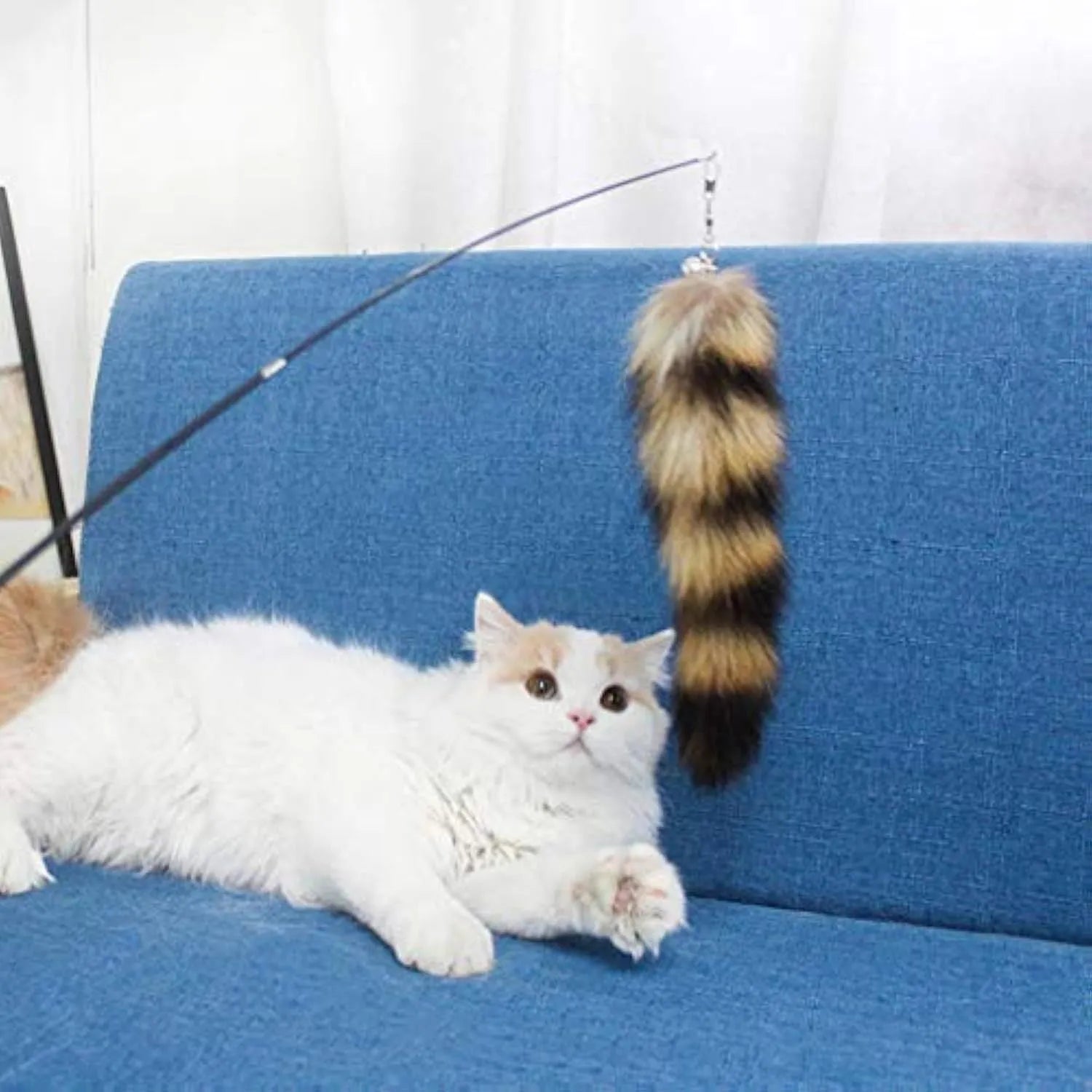 Black cat toy wand teaser with elastic string measuring 42cm for interactive feline play