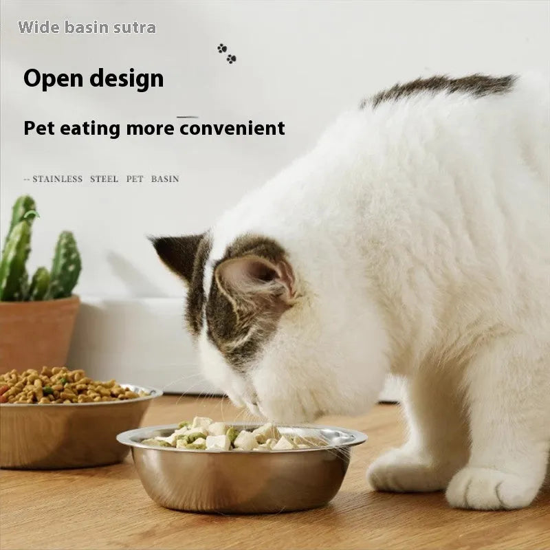 A stainless steel pet bowl for cats and dogs, shown in one of five available sizes.
