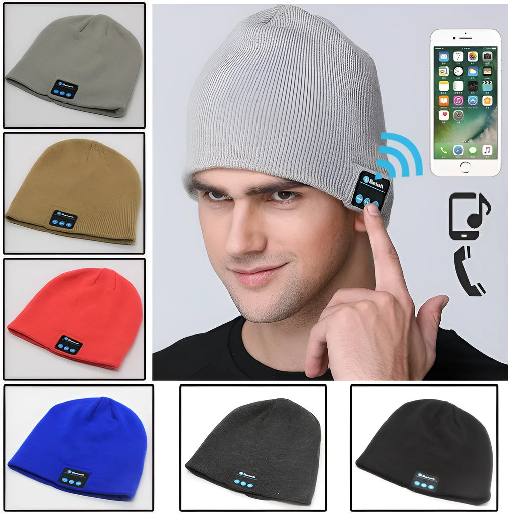 Bluetooth knitted hat in red, black or grey with plain weave dome shape and no eaves, one size
