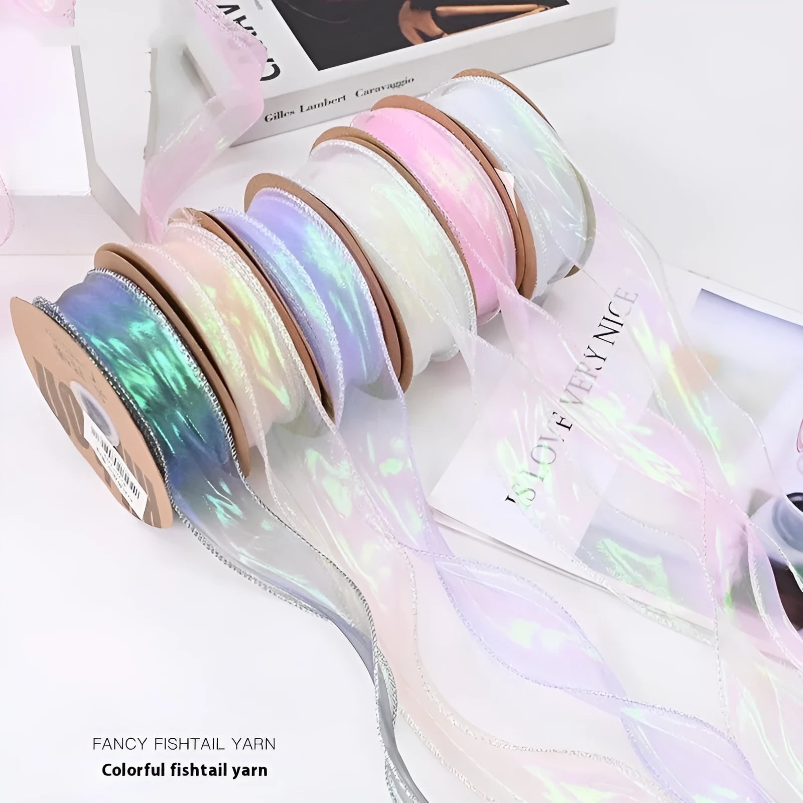 Fishtail yarn floral wave ribbon roll in 4cm width with mesh material and edge cutting