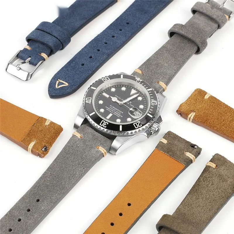 Suede genuine leather watch strap in brown, blue, grey, and Army Green colours for 20mm and 22mm watches