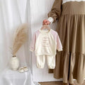 Children's cotton striped sweatshirt and sweatpants two-piece set in light beige, long sleeve pullover style