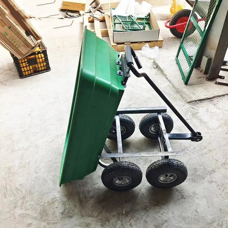 Green four-wheel plastic dump truck with steel frame for garden and farm use.