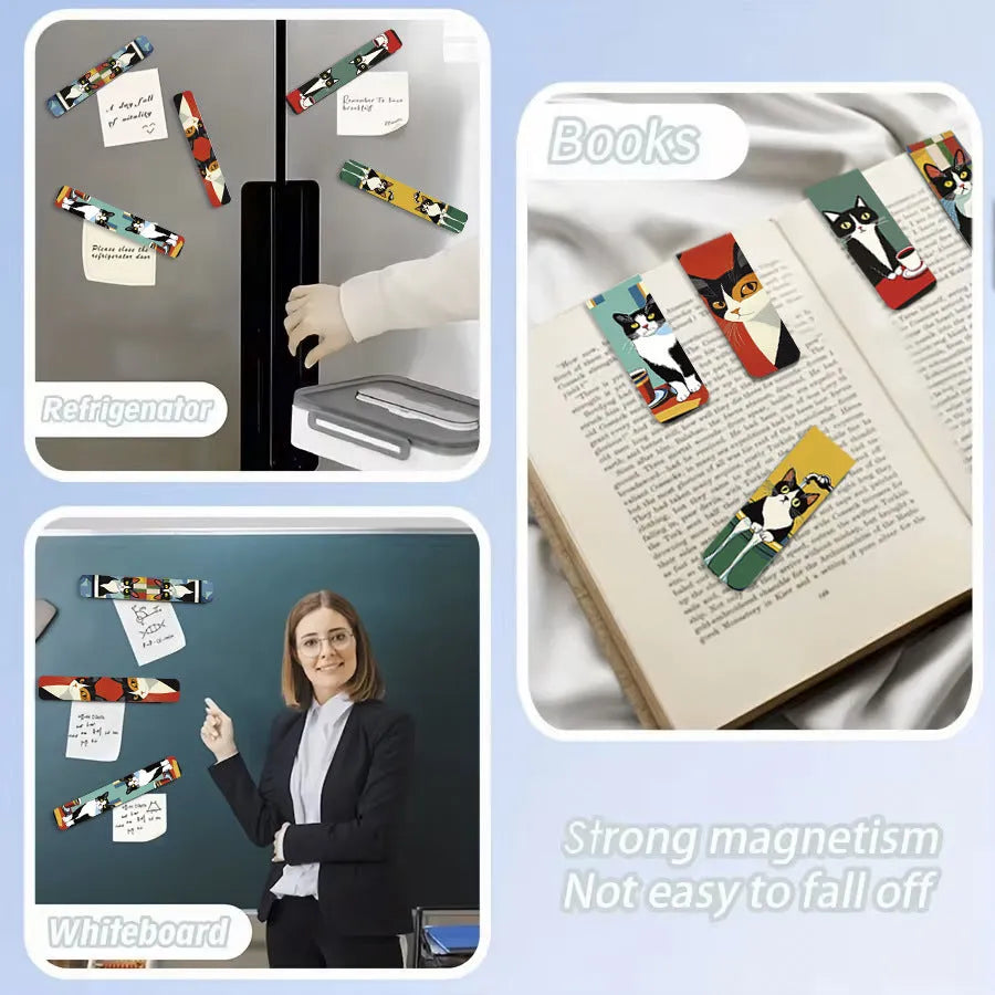 Set of 5 magnetic bookmarks with simple cute cat design in homemade style, displaying cartoon cat faces on colourful backing