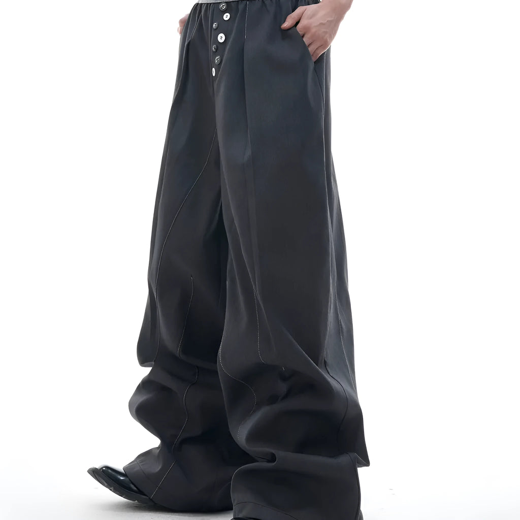Straight-leg high-waisted casual trousers with button open line detail in black and grey colours
