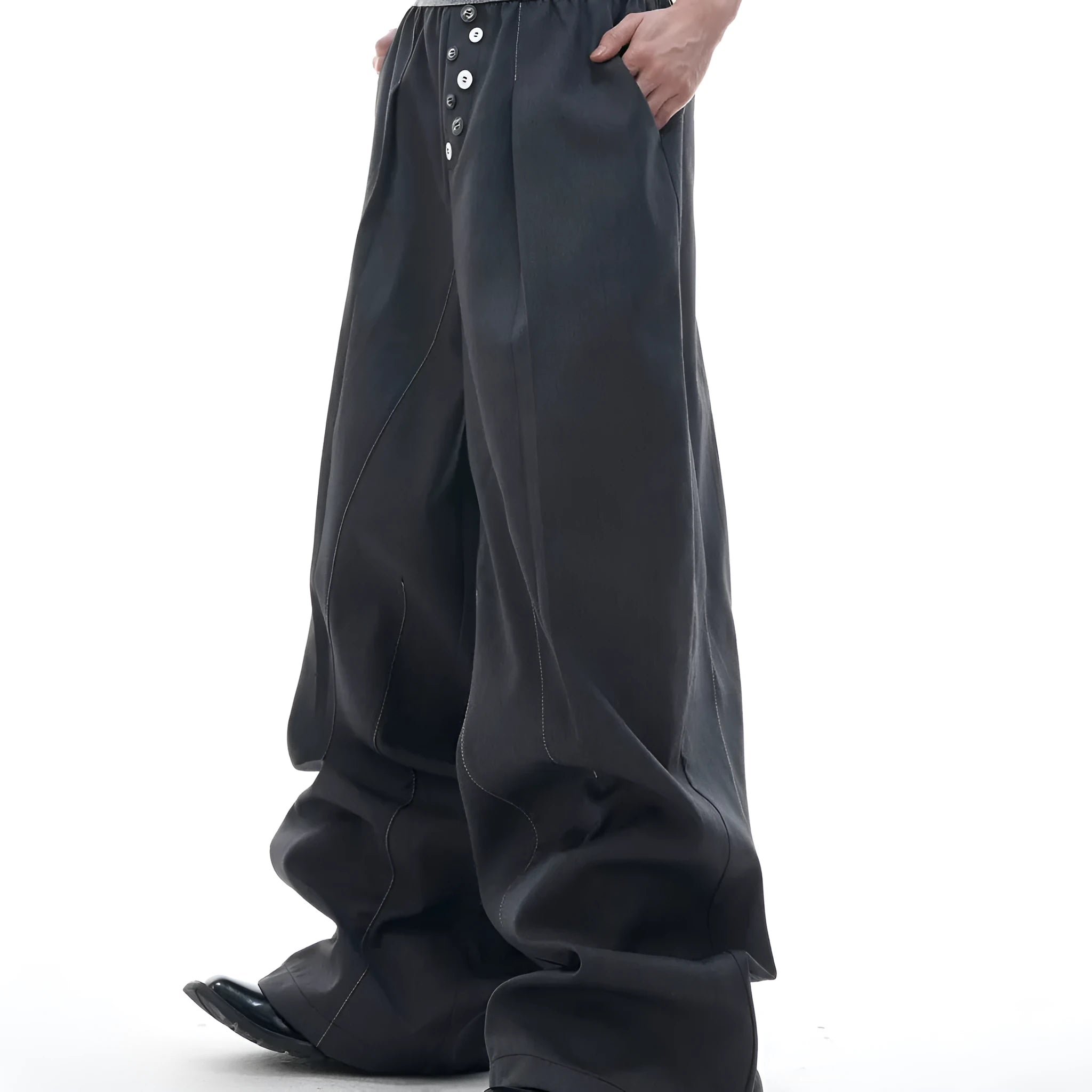 Straight-leg high-waisted casual trousers with button open line detail in black and grey colours