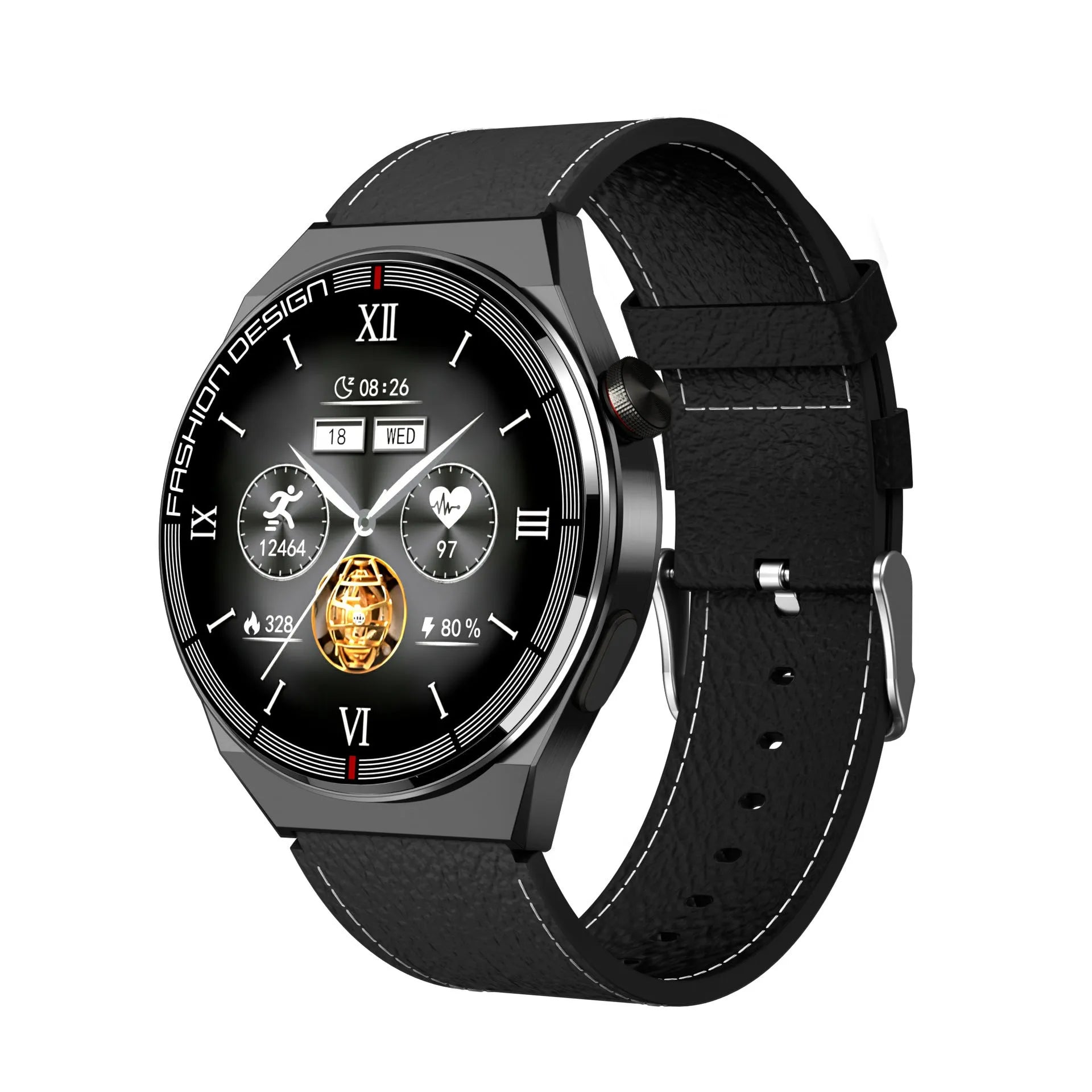 Black Bluetooth smartwatch with 1.28 inch screen on a silicone strap, showing heart rate display