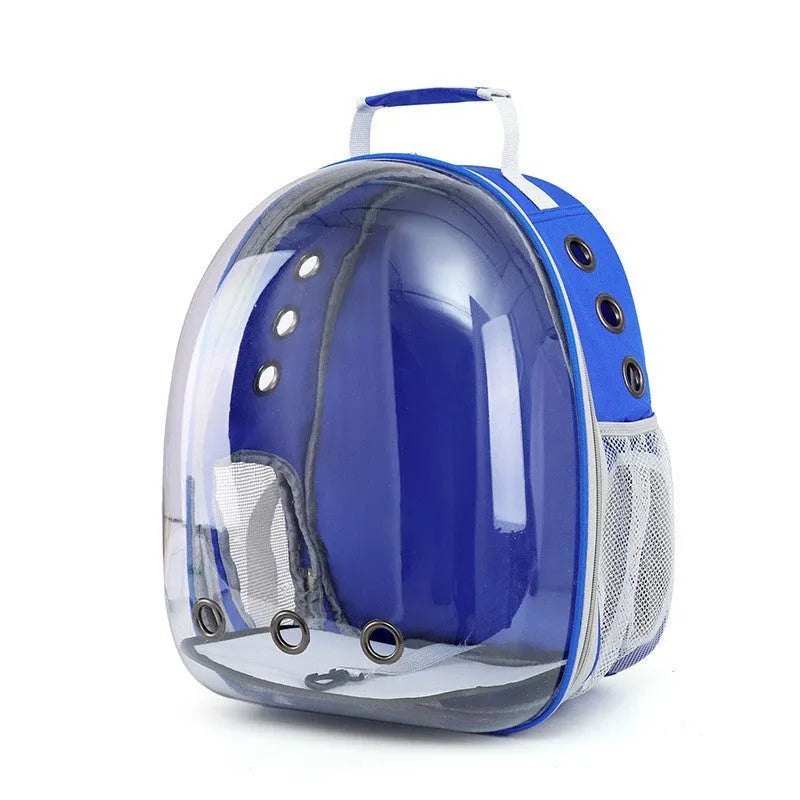 Grey astronaut dome-shaped cat carrier bag with a side opening for pet access.