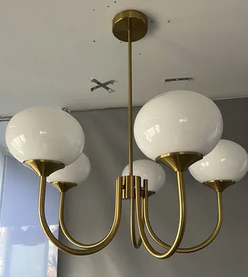 Retro five-head glass chandelier with iron frame and LED tricolour light in milky white finish