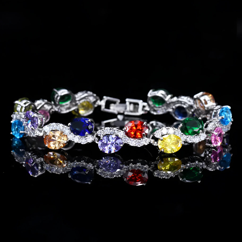 Copper-plated gold bracelet with zircon inlay showing geometric design and adjustable 18.4 cm length