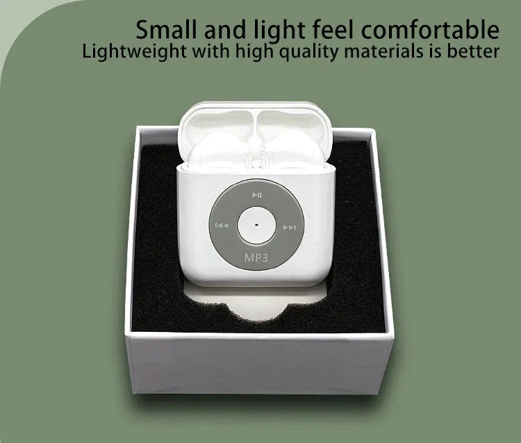 White wireless Bluetooth semi in-ear earphones with charging case on a solid background.