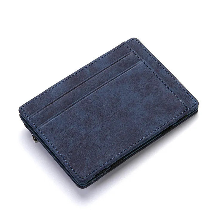 PU leather magic flip wallet in a solid colour with sewing lines, showing card holder and zippered coin purse.