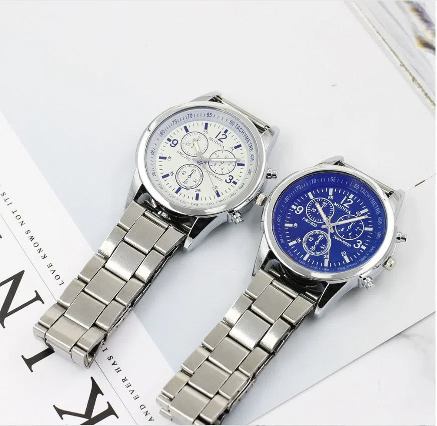 Blu-ray Gift Steel Band Watch with black dial, alloy strap, and folding buckle on a white background
