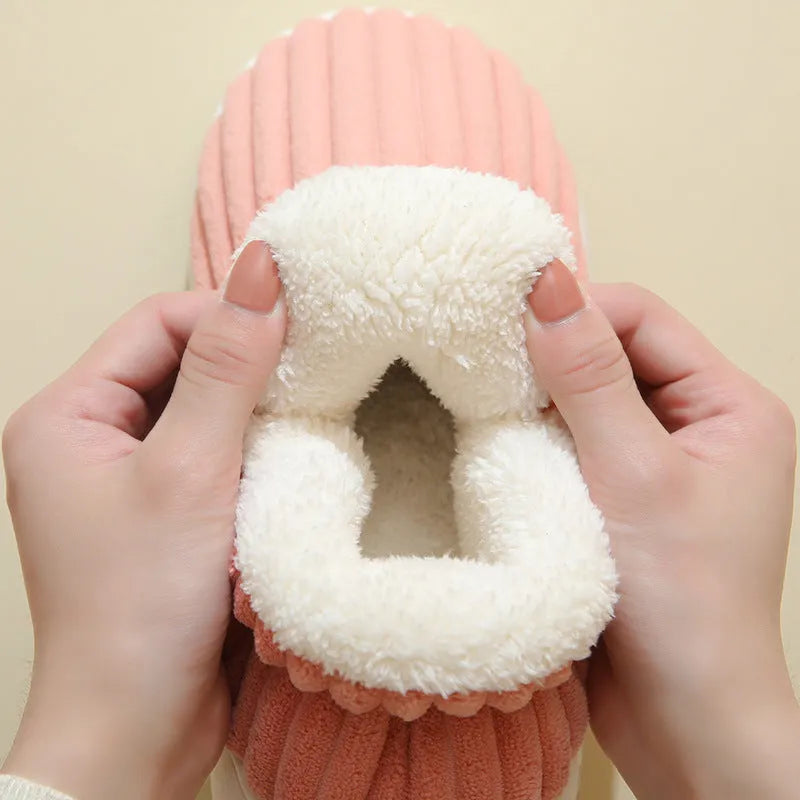 Winter plush home slippers in solid colour stripes, polyester, sizes 36to47, for women and men