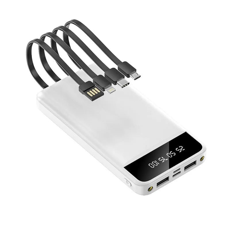 20000 mAh black power bank with charging cable showing compact portable design