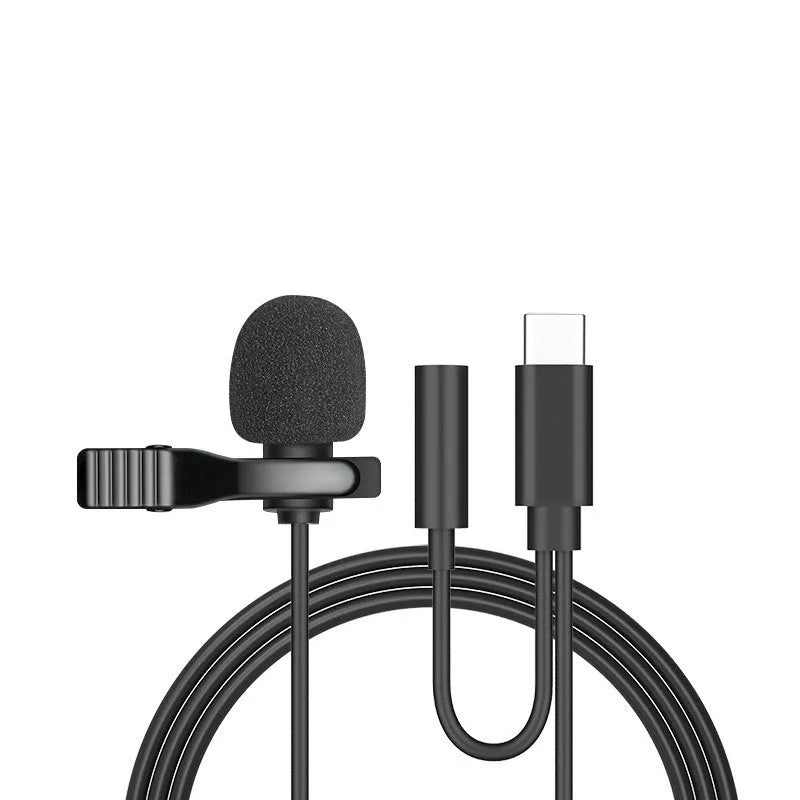 Silver lavalier lapel microphone with clip and 3.5mm plug on a 1.5 metre cable.