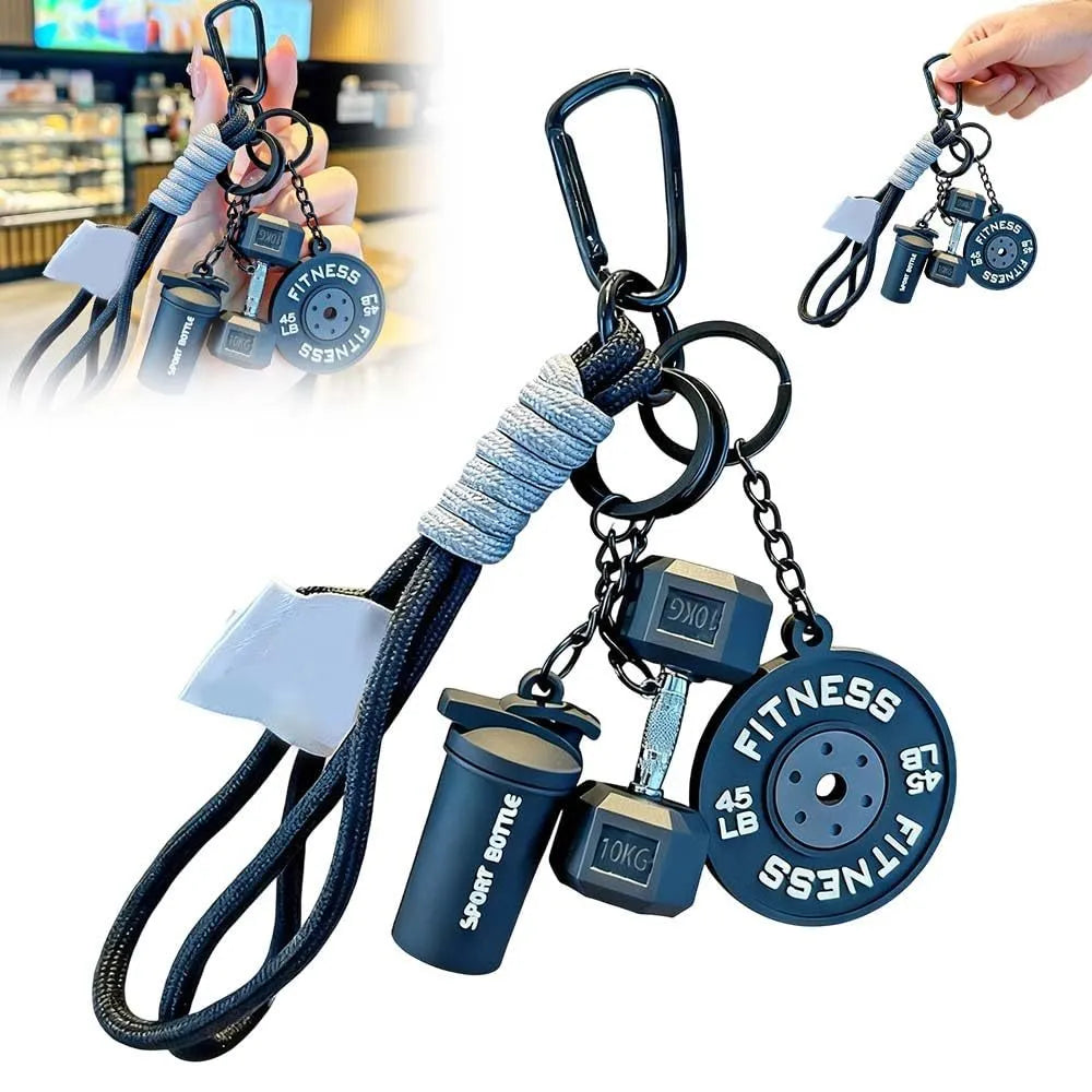 Four mini alloy gym keychains in blue green orange and purple on a keyring