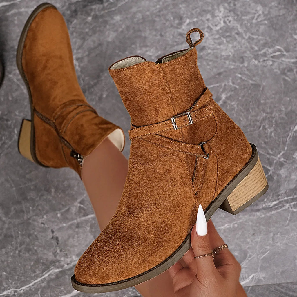 Women's suede ankle boots with cross-strap, side zipper, mid-heel square heel, round toe, available in camel and black sizes 36-43