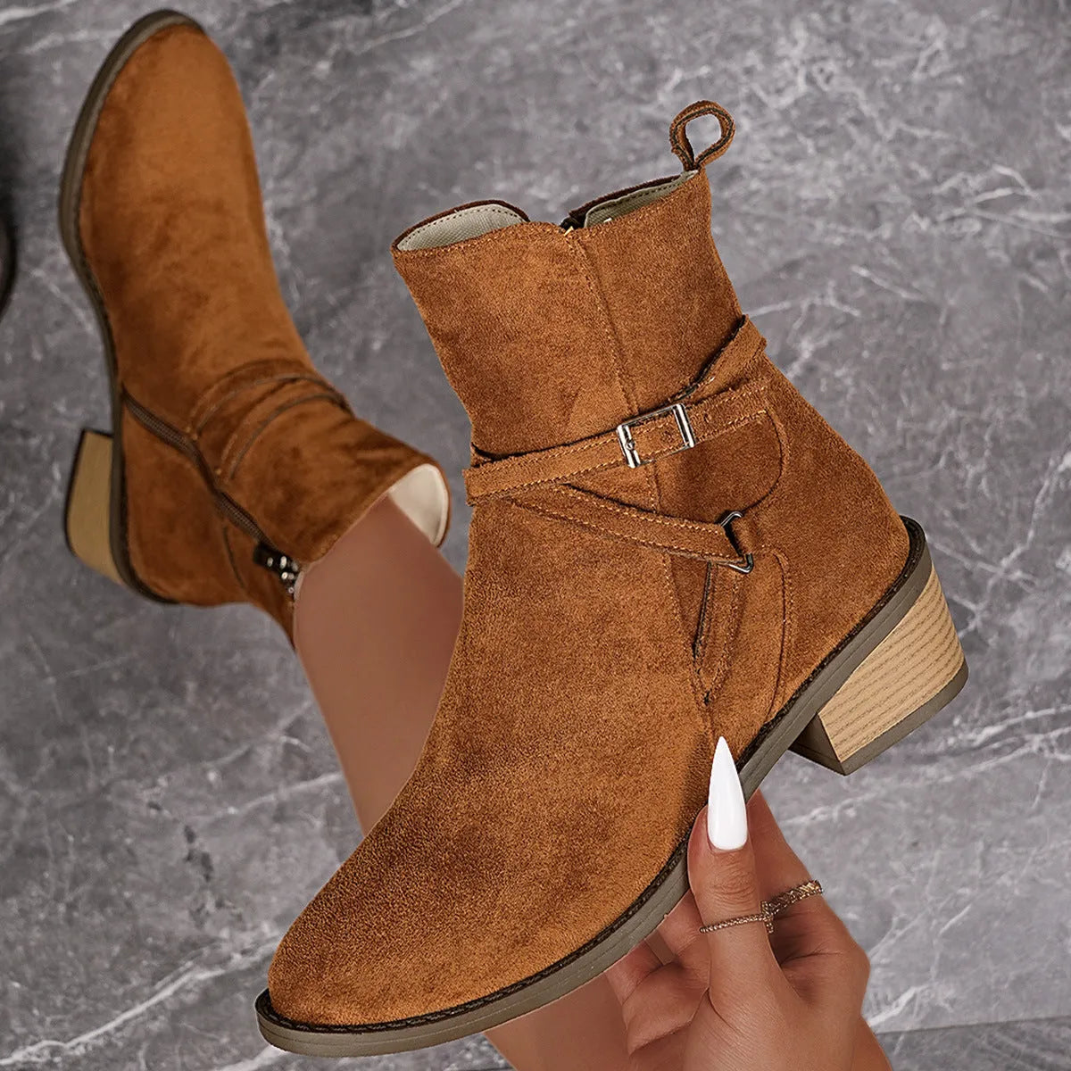 Women's suede ankle boots with cross-strap, side zipper, mid-heel square heel, round toe, available in camel and black sizes 36-43