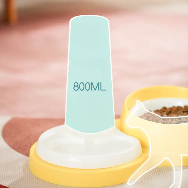 Grey ceramic dual pet feeding bowl with water dispenser and non-slip base.