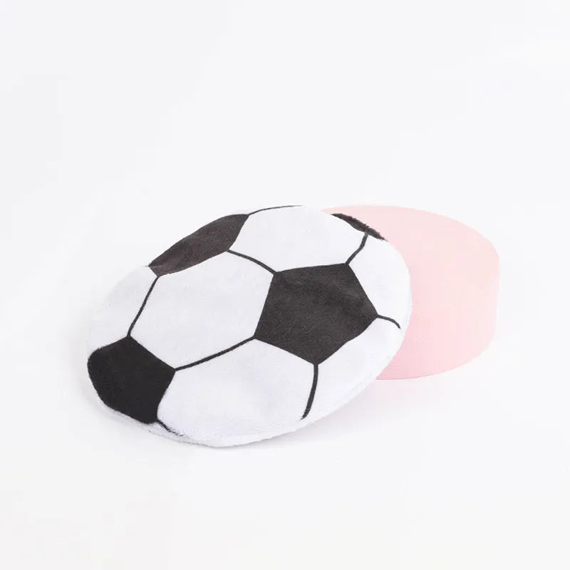 Plush flying disc cat toy with sports ball pattern containing catnip and crinkle elements