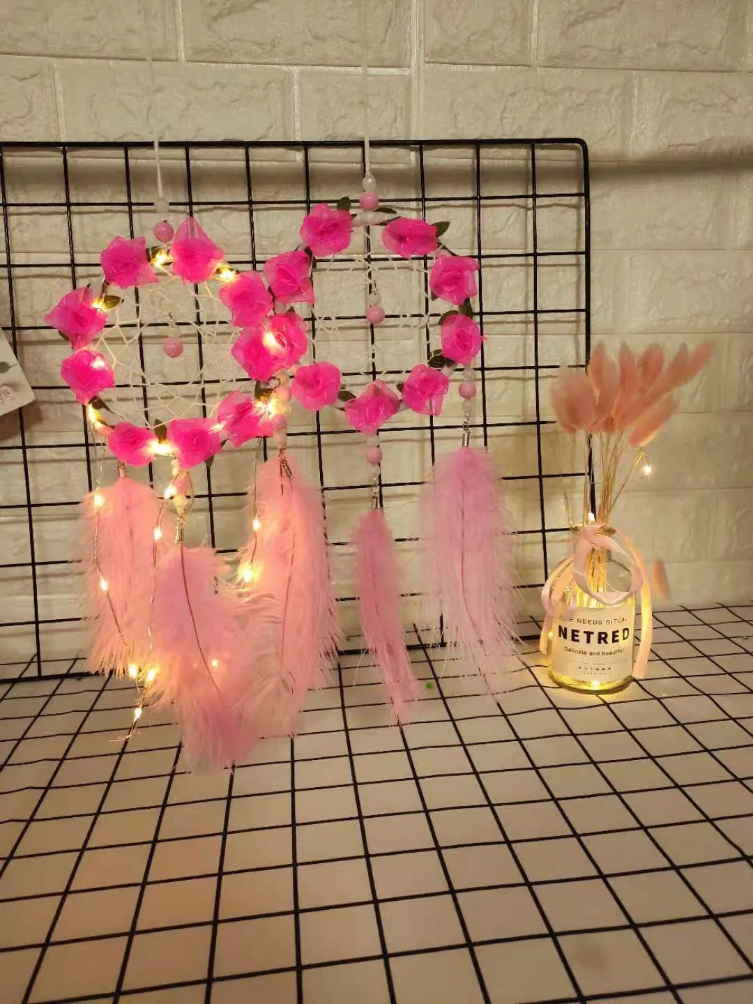Pink ostrich feather Dreamcatcher Wind Chimes wall decoration in modern simplicity style