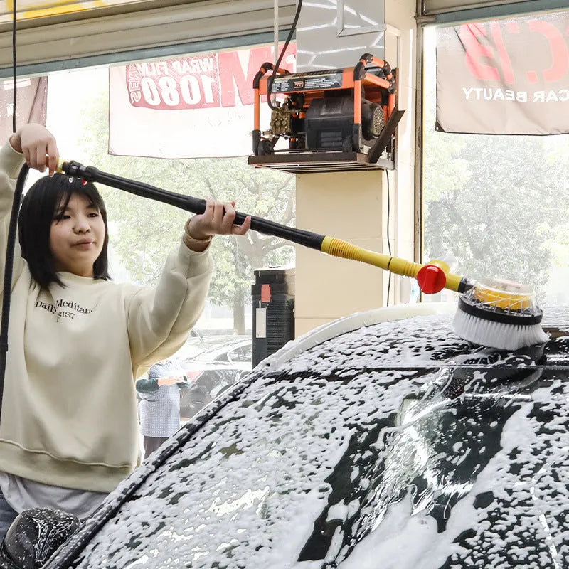 Yellow car wash mop cleaning tool with chenille brush head and hydraulic pressure system