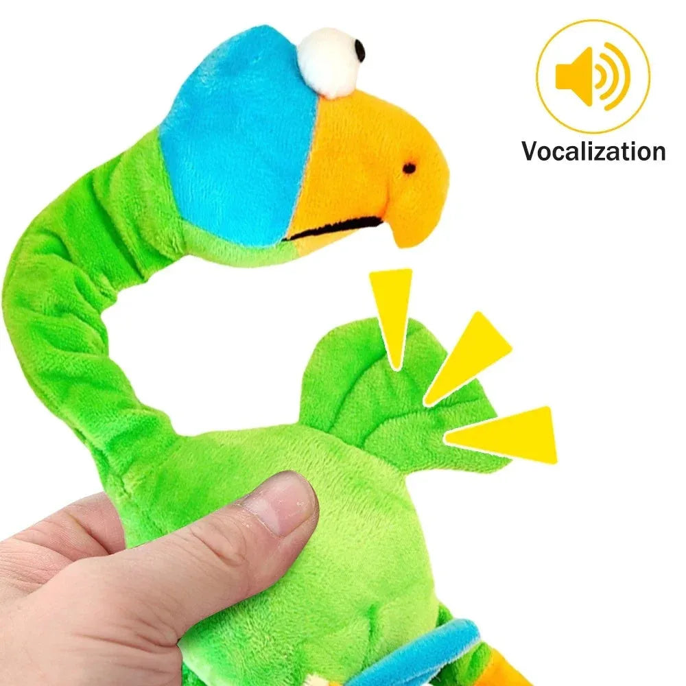 Black, green, and orange screaming chicken sound squeaky dog chew toy on a plain background